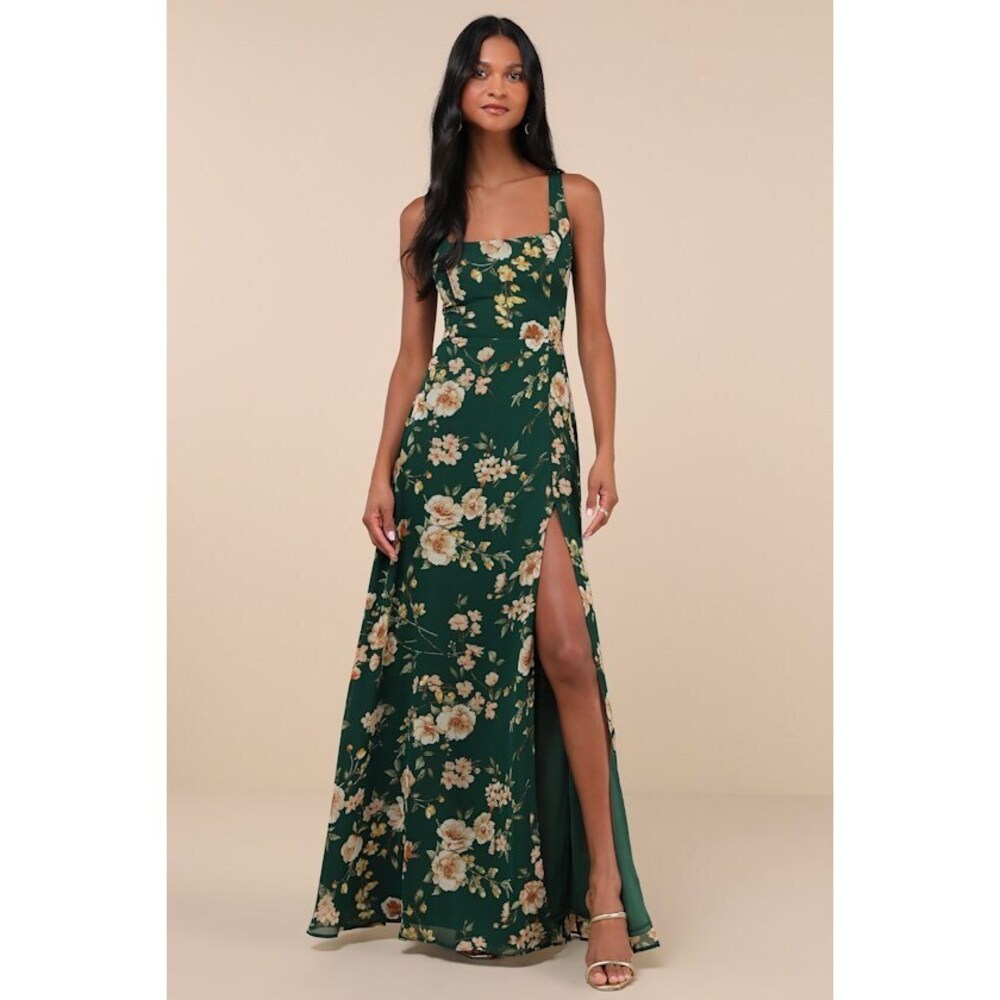 Lulus Remarkable Arrival Emerald Green Floral Sleeveless Maxi Dress - Size M